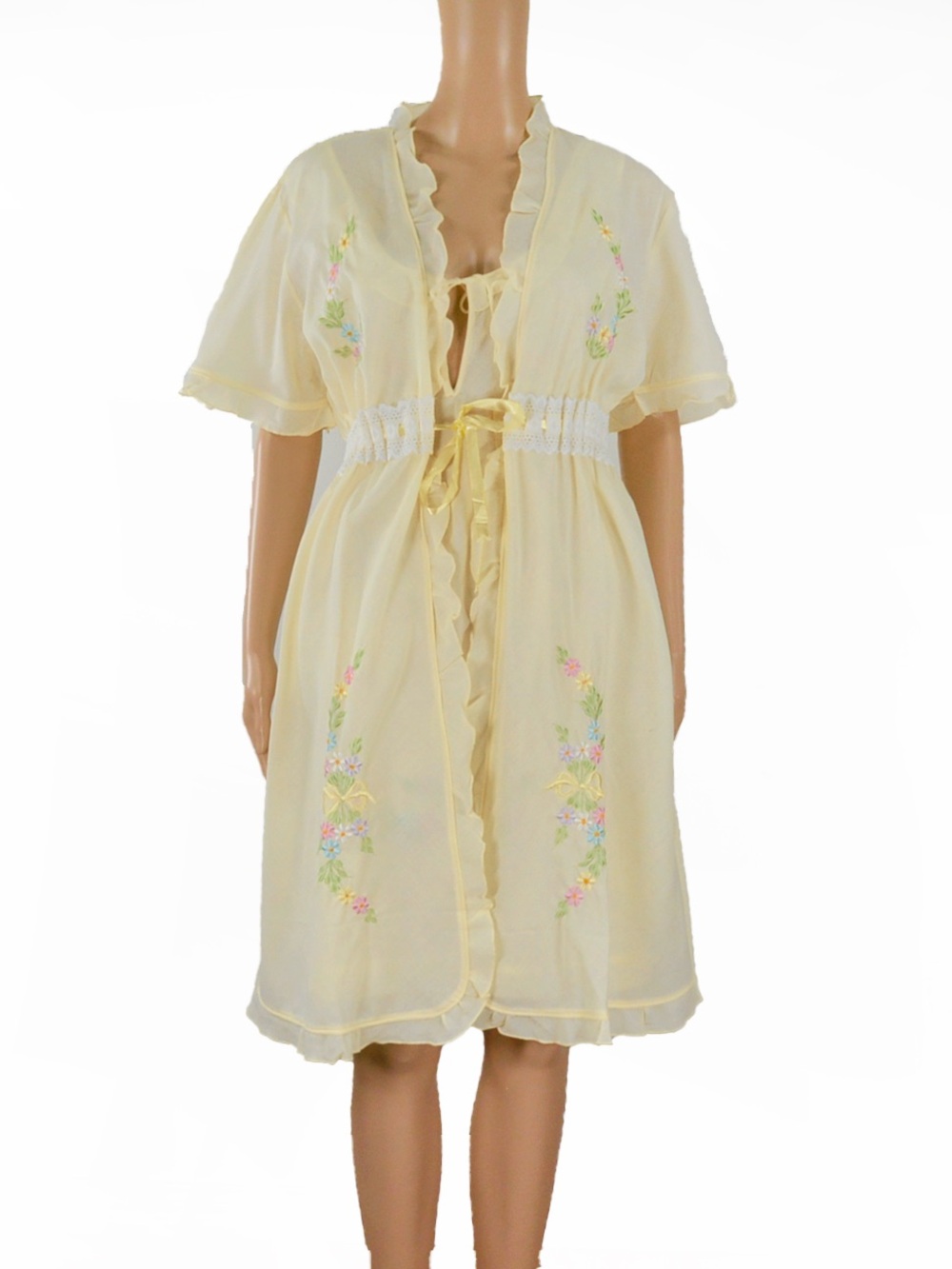 Vintage 60s 70s Yellow Peignoir Embroidered Floral Robe Nightgown Slip Dress Set